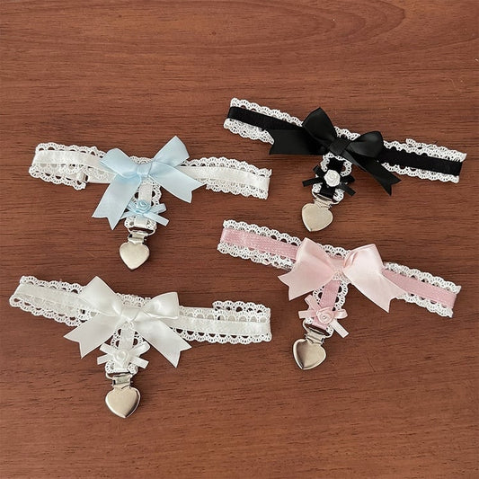 Black/White/Pink/Blue Sweet Bowknot Lace Trim Leg Loop With Heart Charm