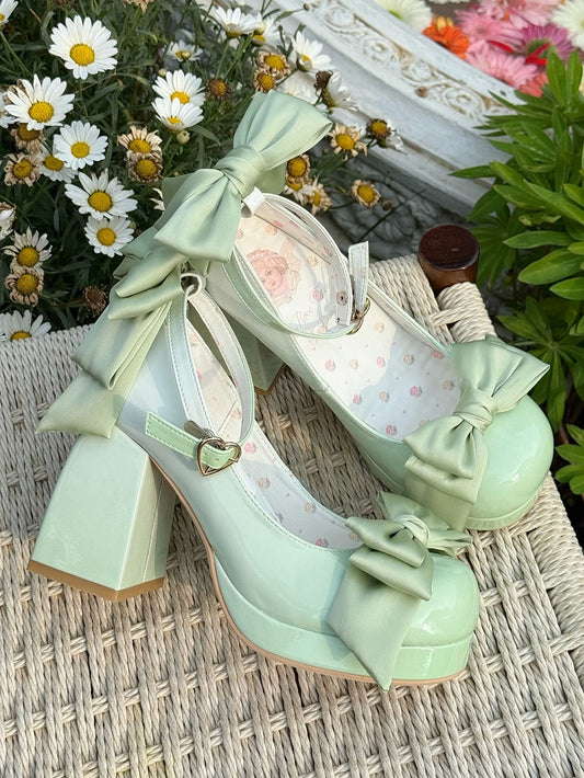 Grüne Lolita-Plateauschuhe mit Schleife und runder Mary-Schuh-Details