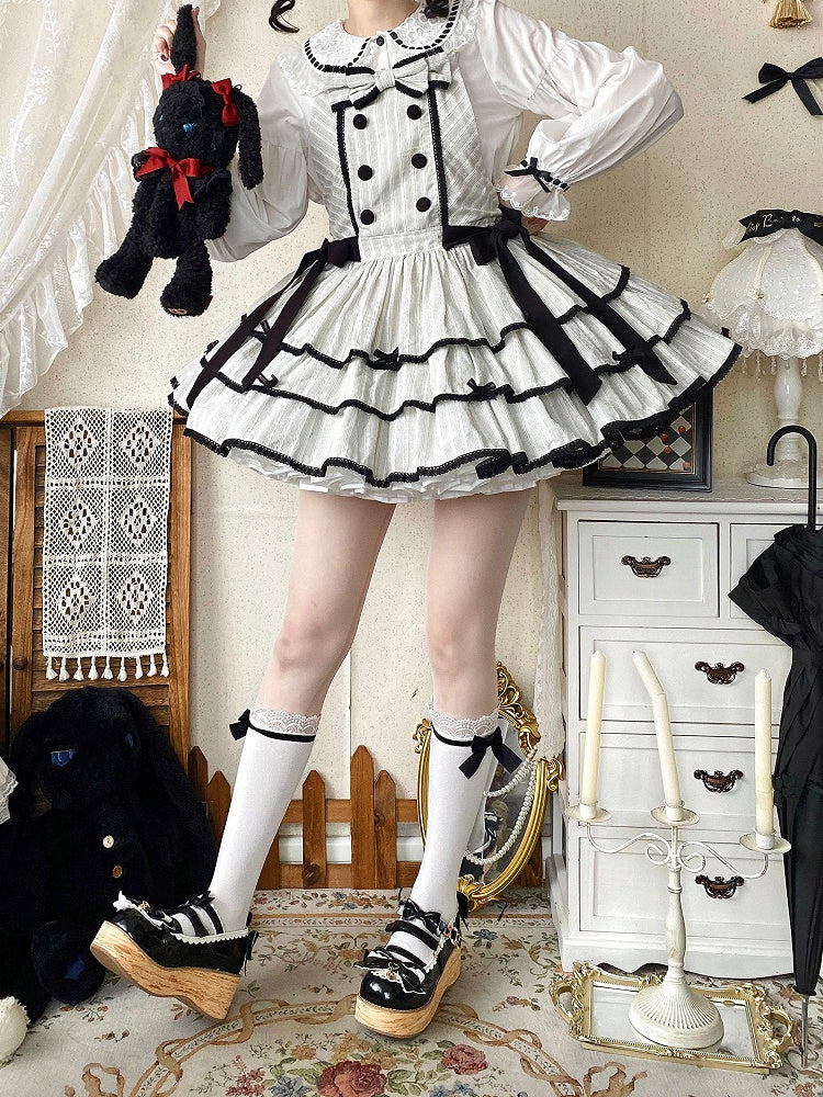 Black Lace Accents Ruffle Sweet Striped Dress Trim with Bow and Layered Overall Lolita