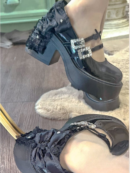 Polished Black Rhinestone Buckle Bowand Floral Block Heel Mary Janes