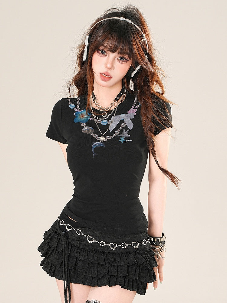 Black Print Bittersweet Beaded Glamorous T-shirt Necklace