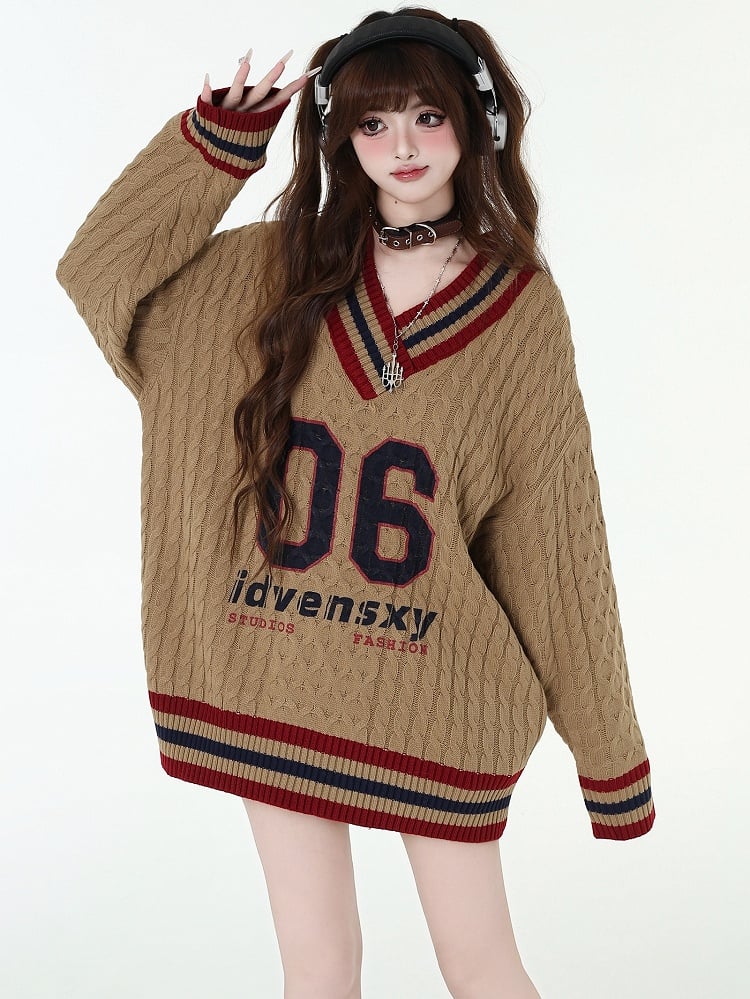 Numbers and Letters Khaki Preppy V-neck Loose Sweater