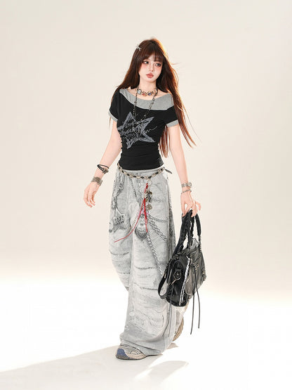 Gray Low Rise Chains Print Distressed Wide-Leg Jeans