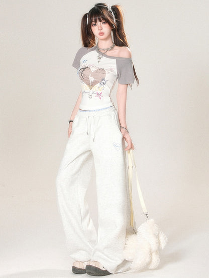 Embroidery Light Wide-leg Gray And Cut Letter Pants Trim Heart Lace