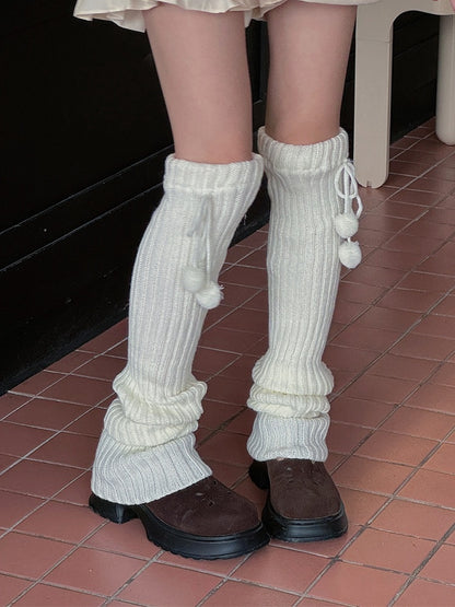 White/Beige/Light Grey/Black Knitted Leg Warmers With Pompons