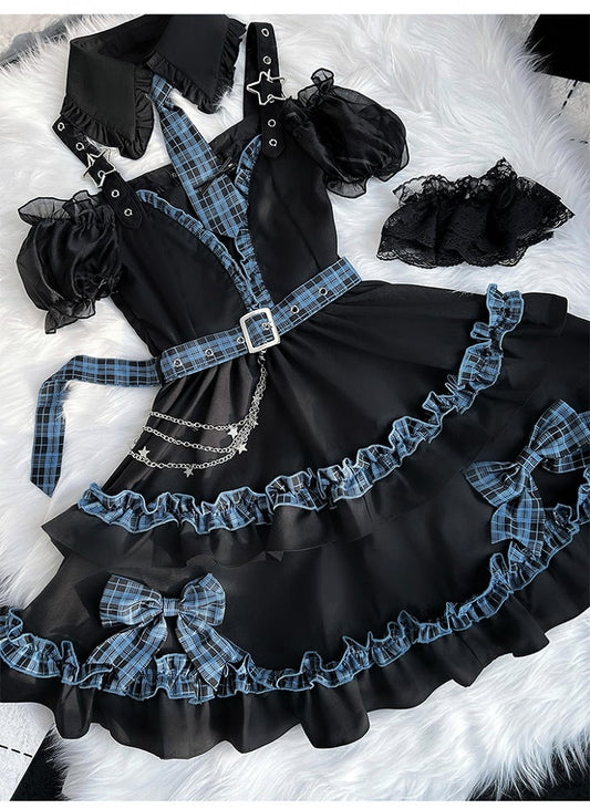 Full Shoulder Set and Blue Plaid Skirt Idol Lolita Dress Tiered Cutout Black