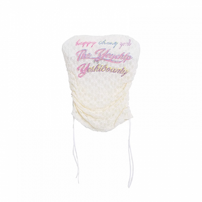 Apricot Drawstring Side Strapless Top Print Lace Cropped Letter