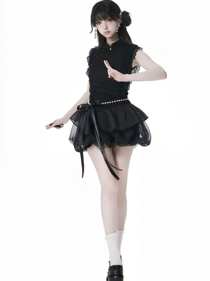 Beaded Skirt Chain with Black Cheongsam Style Banded Collar Mini Dress Bubble Waist