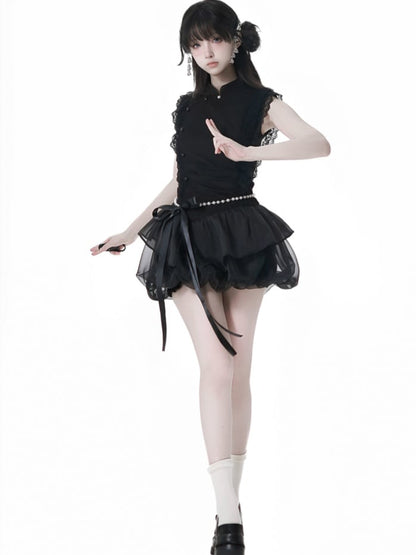 Skirt with Black Cheongsam Style Banded Collar Mini Dress Chain Waist Beaded Bubble