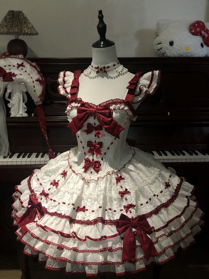 Ruffles Accents Skirt White Bow Jumper Tiered Princess Red Lolita