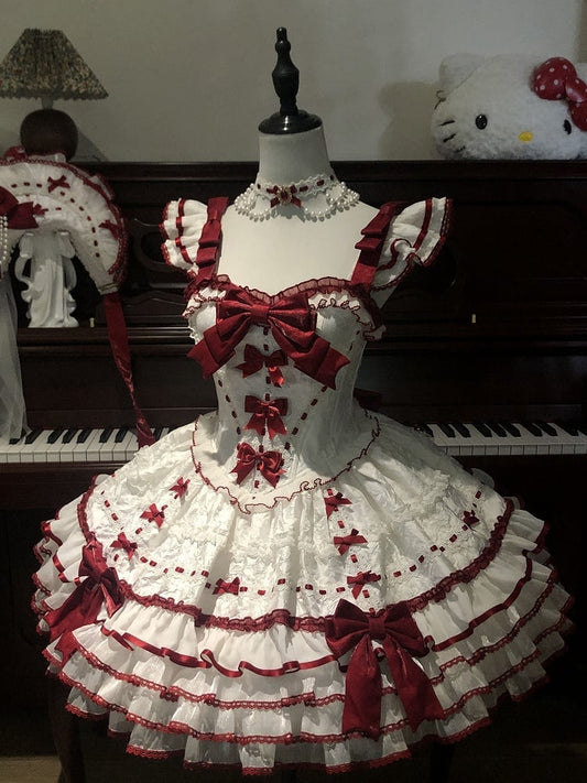 Ruffles Accents Skirt White Bow Jumper Tiered Princess Red Lolita
