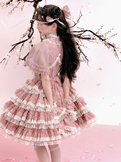 Lolita Ruffles Embroidery with Pink Lace Goldfish Details Dress Sweet and Tiered
