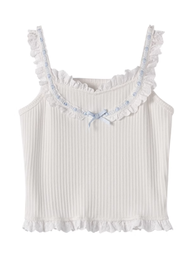 Bowknot Blue Contrast White Ruffled Lace Trim Sweet Sleeveless Top