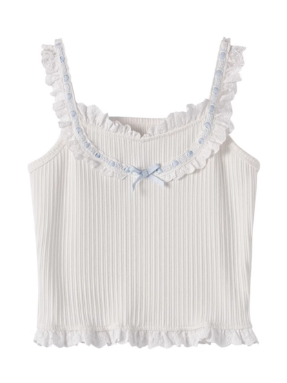 Bowknot Blue Contrast White Ruffled Lace Trim Sweet Sleeveless Top