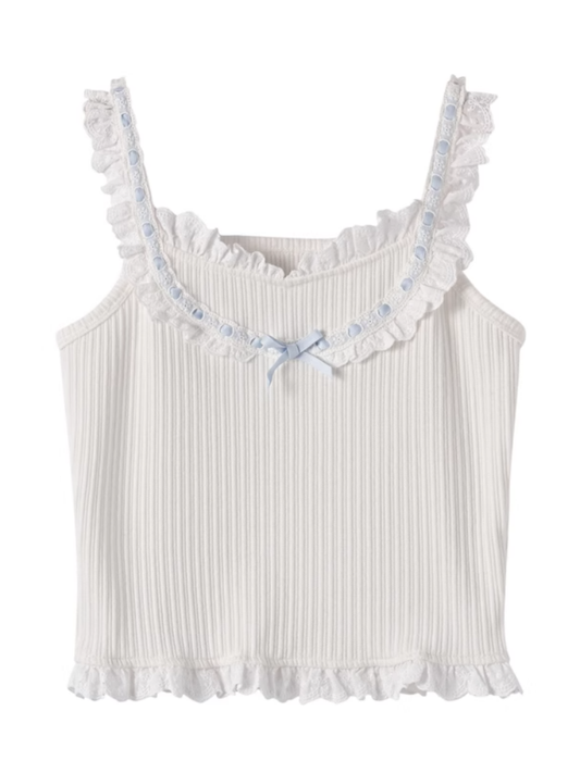 Bowknot Blue Contrast White Ruffled Lace Trim Sweet Sleeveless Top