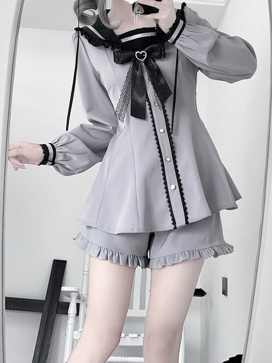 Back Purple Design Ears Tie Jirai Mini Dress + Ruffle Hem Shorts Set- + Bow Dusty Kei Sailor Collar Bunny