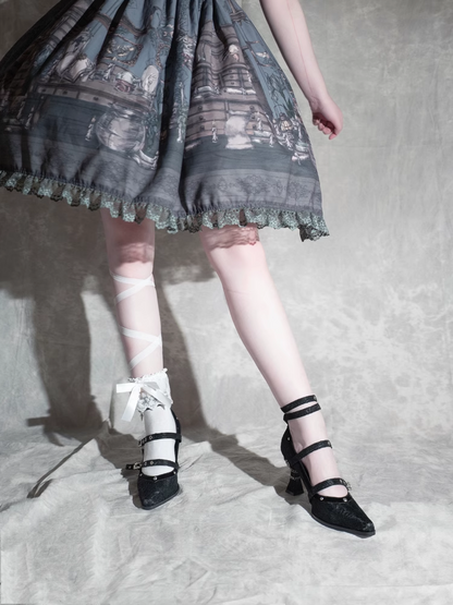 Gothic Black Pointed Toe  Lace 8.5cm High Heels Multiple Buckle Straps