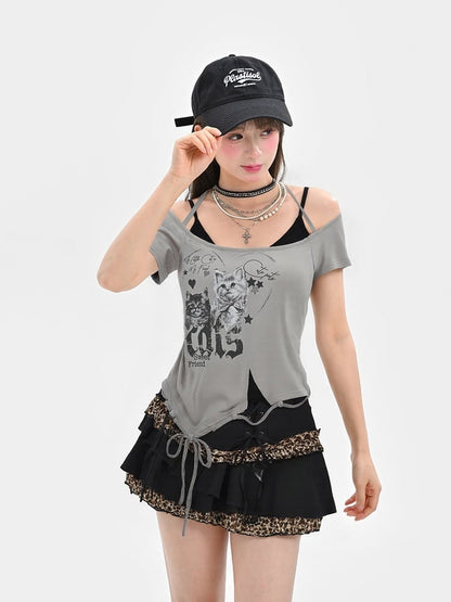 Y2K Black Leopard Pattern Mini Tiered Skirt with Details Glamorous Lace-up