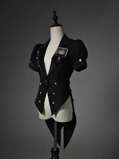 Sleeves Top Puff Blazer Black Split-Tail Short Collar