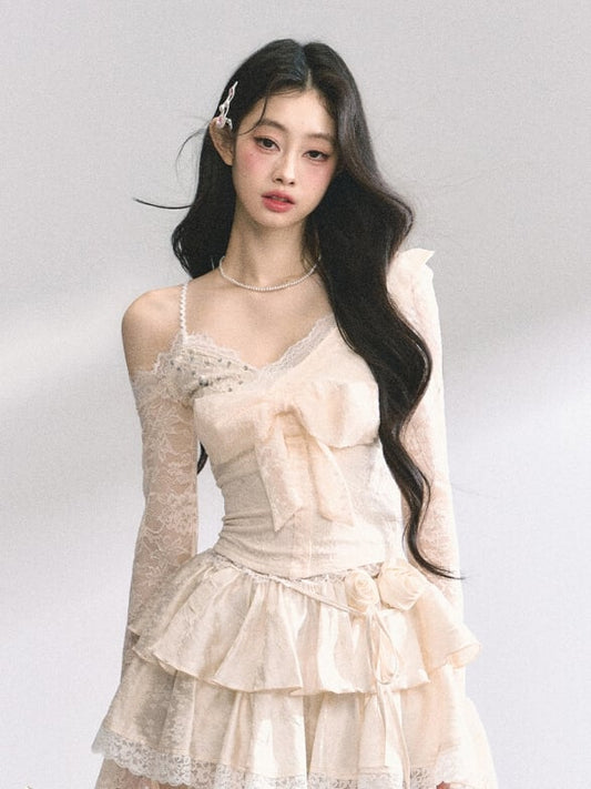 Shoulder Apricot V-Neck Cutout Big Bow Front Top