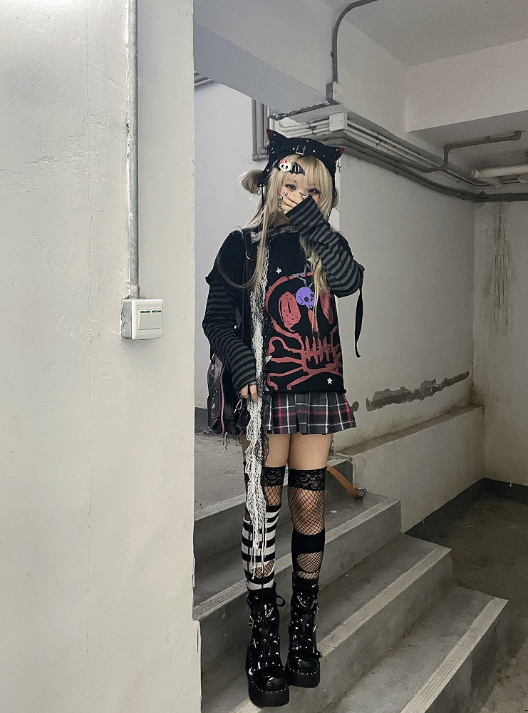 Star Print Punk Rock Black Skeleton Cotton Two-pieces and Top Faux