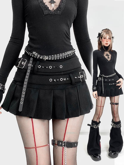 Black Buckle Belt with Stud Details Pleated Skirt with Tights