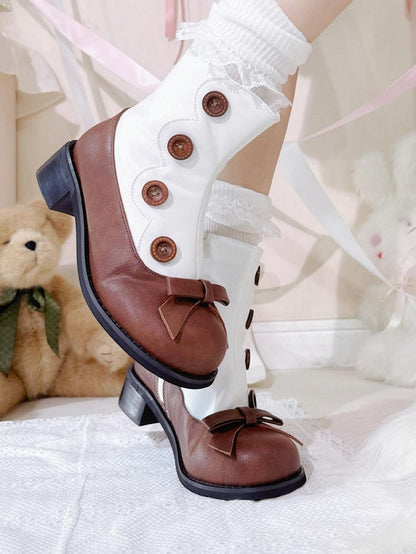 Decorative White Heel Design Lolita Classic Mid with Boots- Brown Buttons