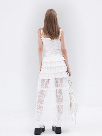 Long White Lace Skirt Hem Ruffle Tiered