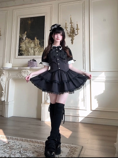 Shorts Faux Two-pieces and Dress Layered Kei Skirt Lace Black Jirai Striped Set- Trim
