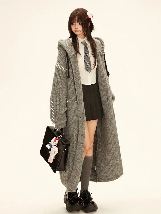 Gray Long Hooded Cardigan