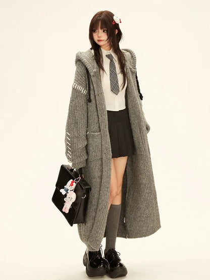 Gray Long Hooded Cardigan