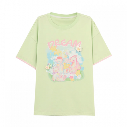 Akzente Grün Rundhals Teddybär Print Strick Lose T-shirt Floral