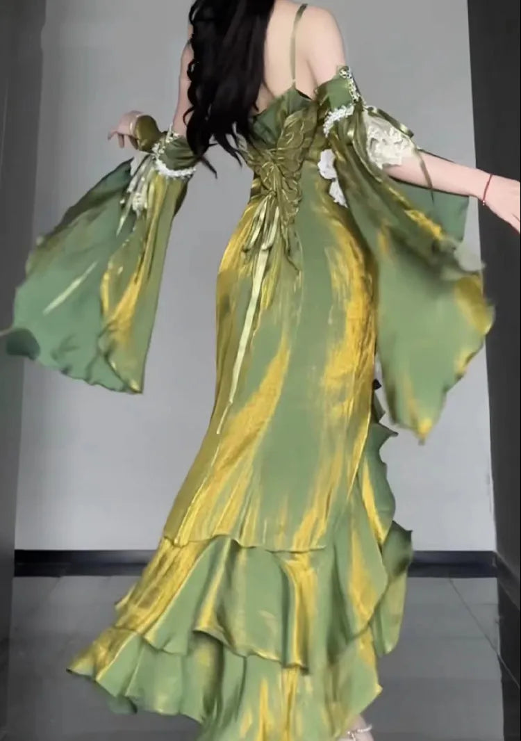 Gown Sleeves Evening Dress Detachable Flounce with Green Mermaid Rosette