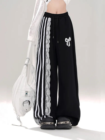 Cut Blokettecore Print Black/White Bowknot Pants Wide-leg