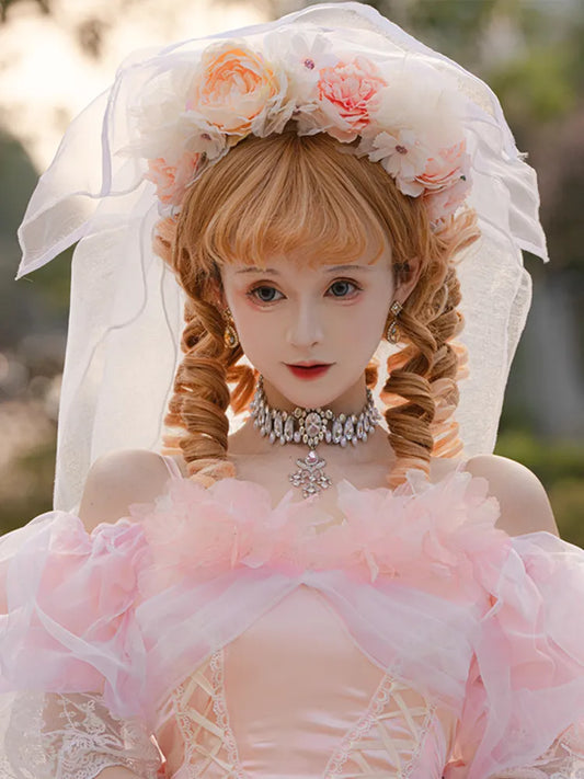 Head Floral Design Pink Long White Veil