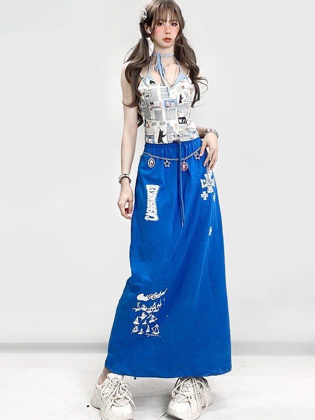 Blue Y2K A-Line Skirt With Letter Sailboat And Cross Prints