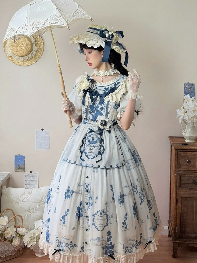 Poetry‌ Print Blue and Sizes Classic Sash Dress Plus with Available Self-tie Elegant Mulberry Lolita