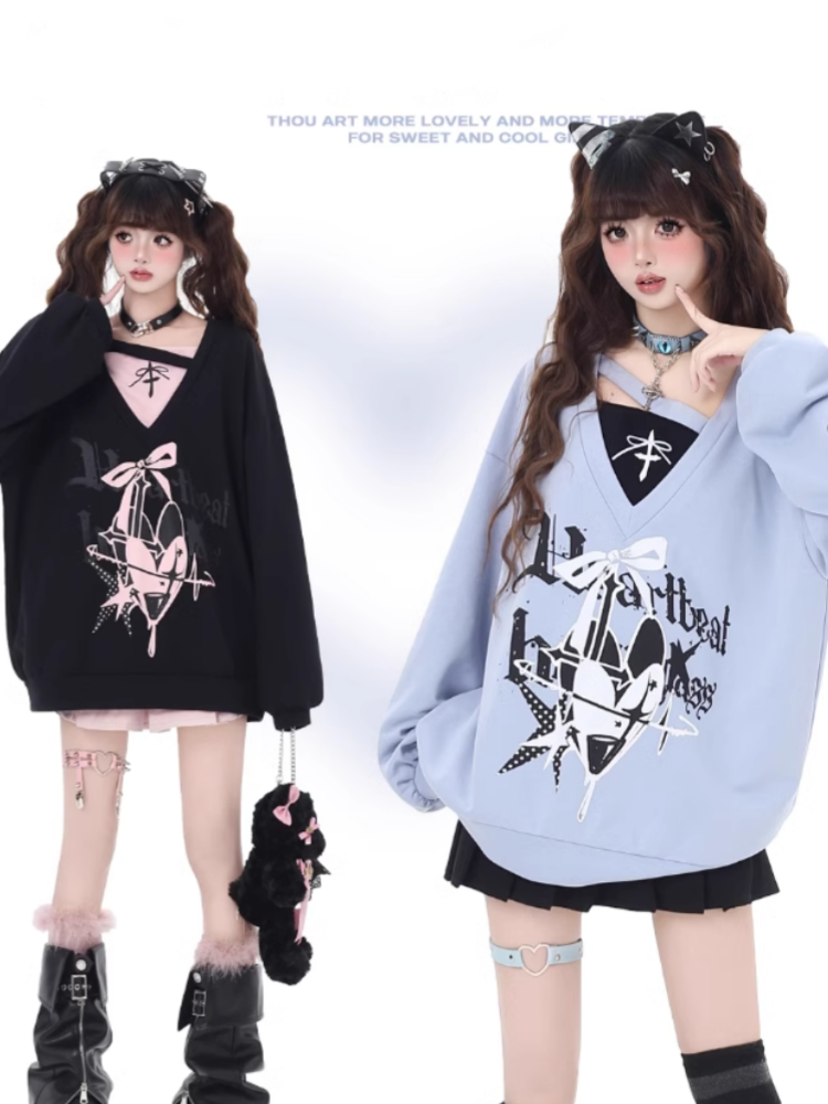 Sweatshirt V-Neck Heart and Bow Print Loose Two-pieces Bittersweet Black/Blue Faux