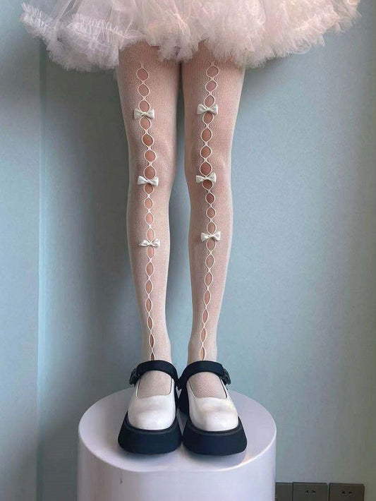 White Black Semi-sheer Bowknots Cutout Lolita Stockings
