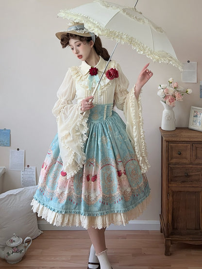 Blauer eleganter Lolita-Rock mit Korsettgürtel und hoher Taille und Blumen- und Mond-Print