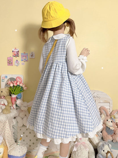 Robe à manches longues et col Peter Pan à carreaux bleu clair et motif poulet mignon