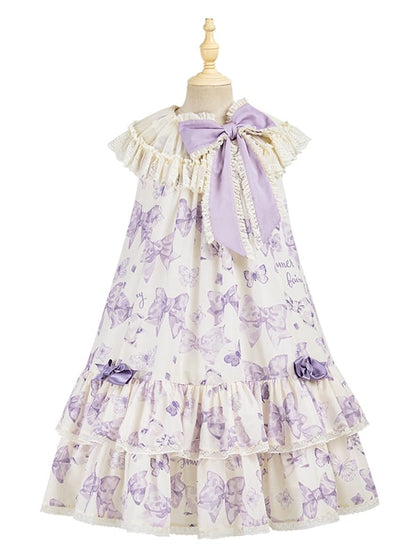 Robe Lolita violette à gros nœud sur le décolleté et imprimé nœuds double épaisseur