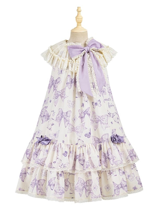 Robe Lolita violette à gros nœud sur le décolleté et imprimé nœuds double épaisseur