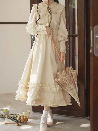 mit floralen Manschetten Hammelkeulenkragen Vintage-Ärmel Aprikosenkleid Schnürstickerei