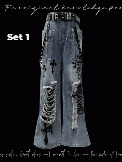 Jeans Wash Glamorous Flared Faded Blue Distressed Holes Cross Appliques