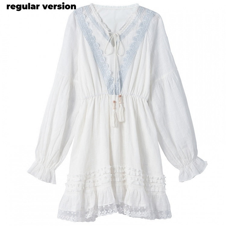 Version White V-Neck Lace Trim Dress with Tassel Drawstring Design Regular/Long