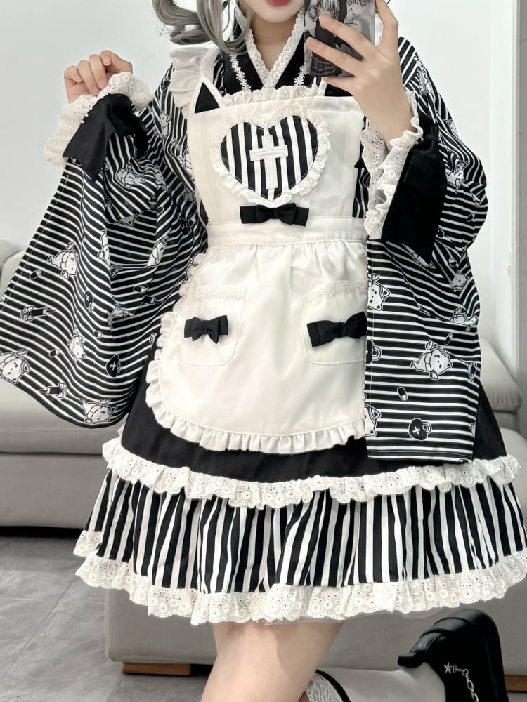 Black Striped Little Ghost Print Top + Tiered Skirt + Apron Wa Lolita Set