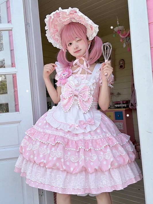 Dots Square Apron White Short Polka Dress Lolita with Sleeves Neckline Pink