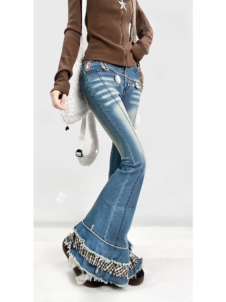 Blue Denim Flared Jeans with Plaid Trim