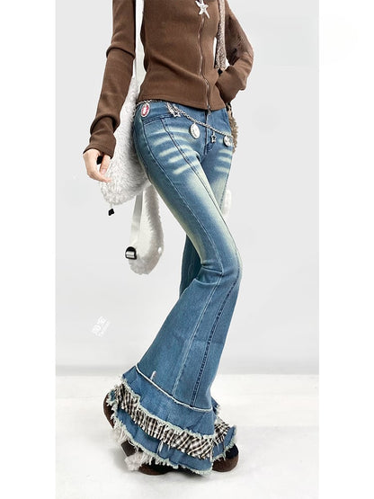 Blue Denim Flared Jeans with Plaid Trim